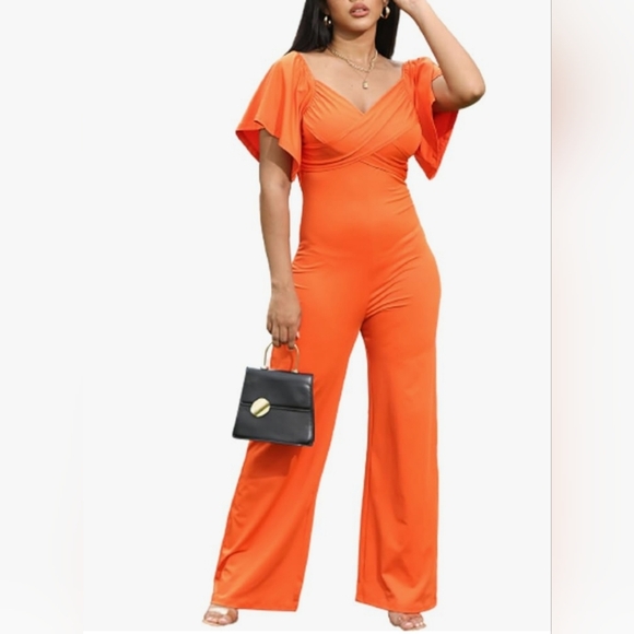 NWOT Orange Short Sleeve Wide Leg Jumpsuits - Picture 3 of 5